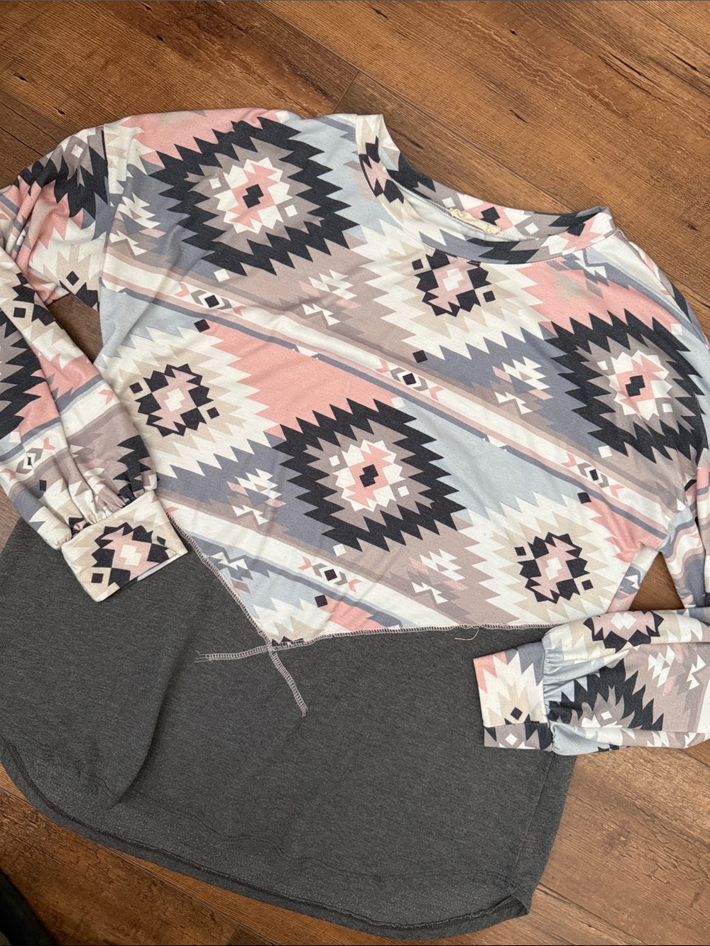 Avery Pink & Gray Aztec-Print Long Sleeve Pullover